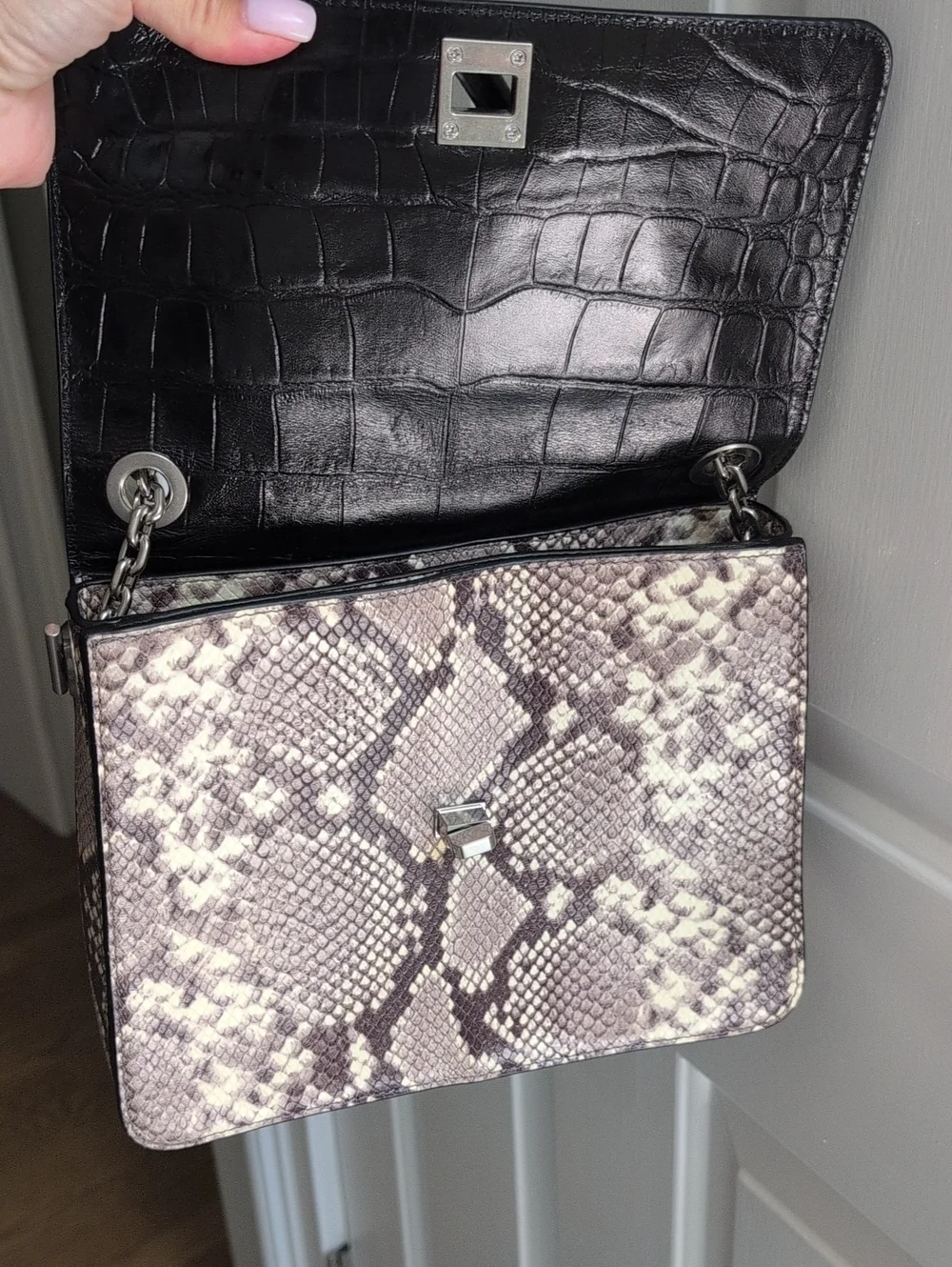 Michael Kors Black Croc Embossed Leather Flap Shoulder Bag with Snake-Print Body
